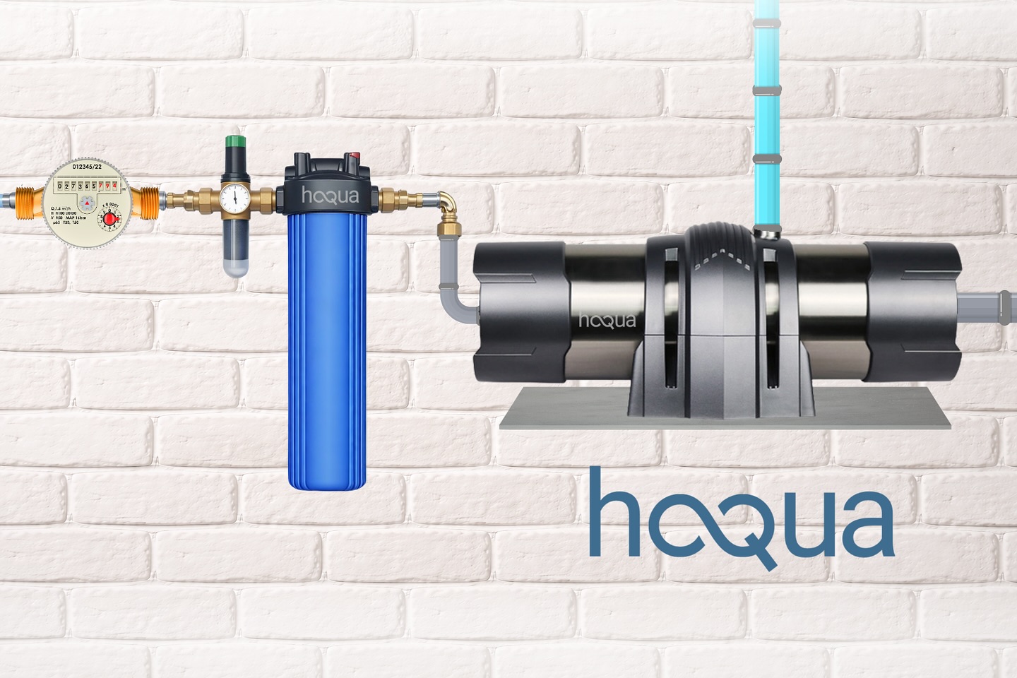 Schéma d'installation : compteur d'eau, filtre charbon GAC, module d'ultrafiltration Haqua-Q
